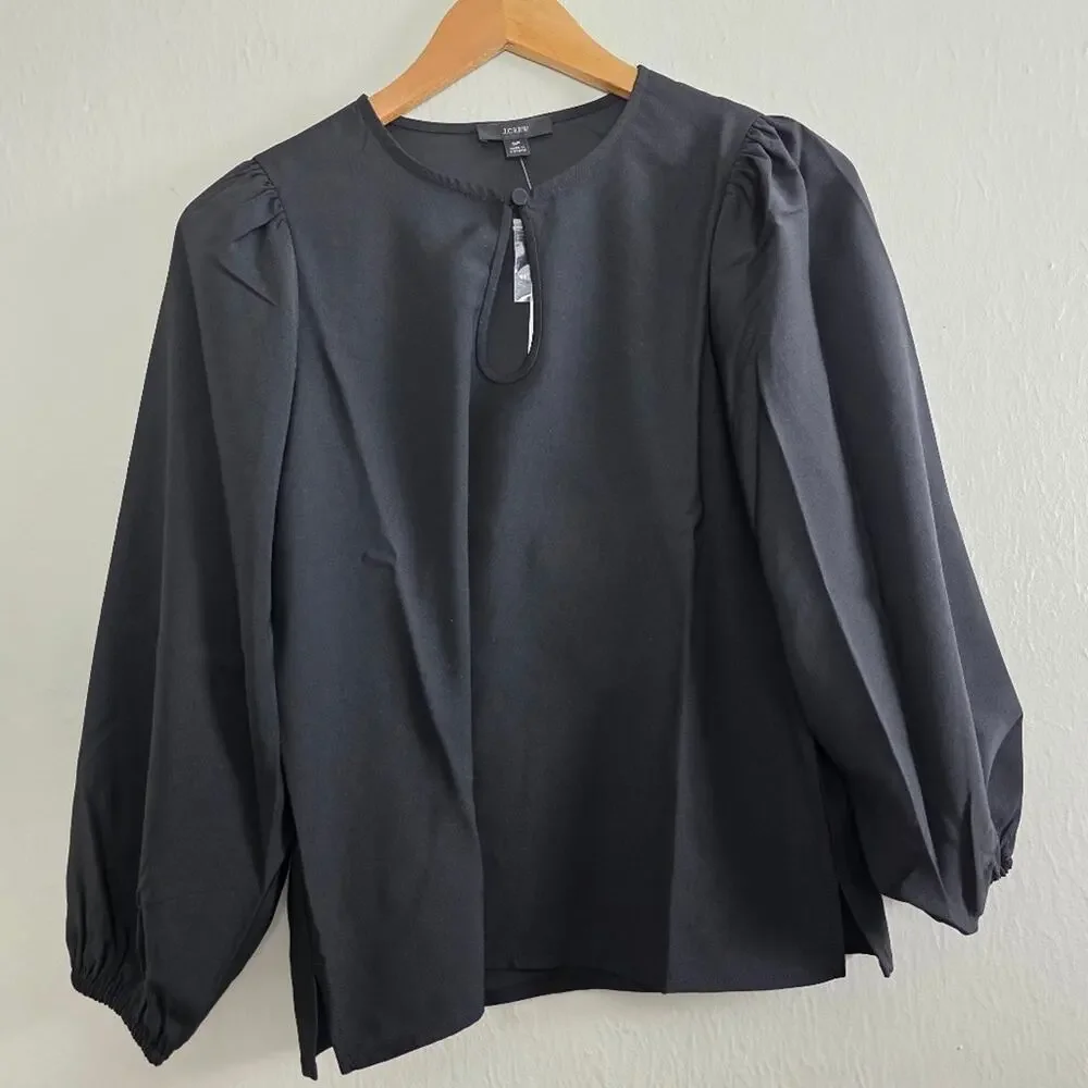 J. Crew Black Puff Sleeve Satin Back Crepe Blouse Top Size Small Petite SP NWT